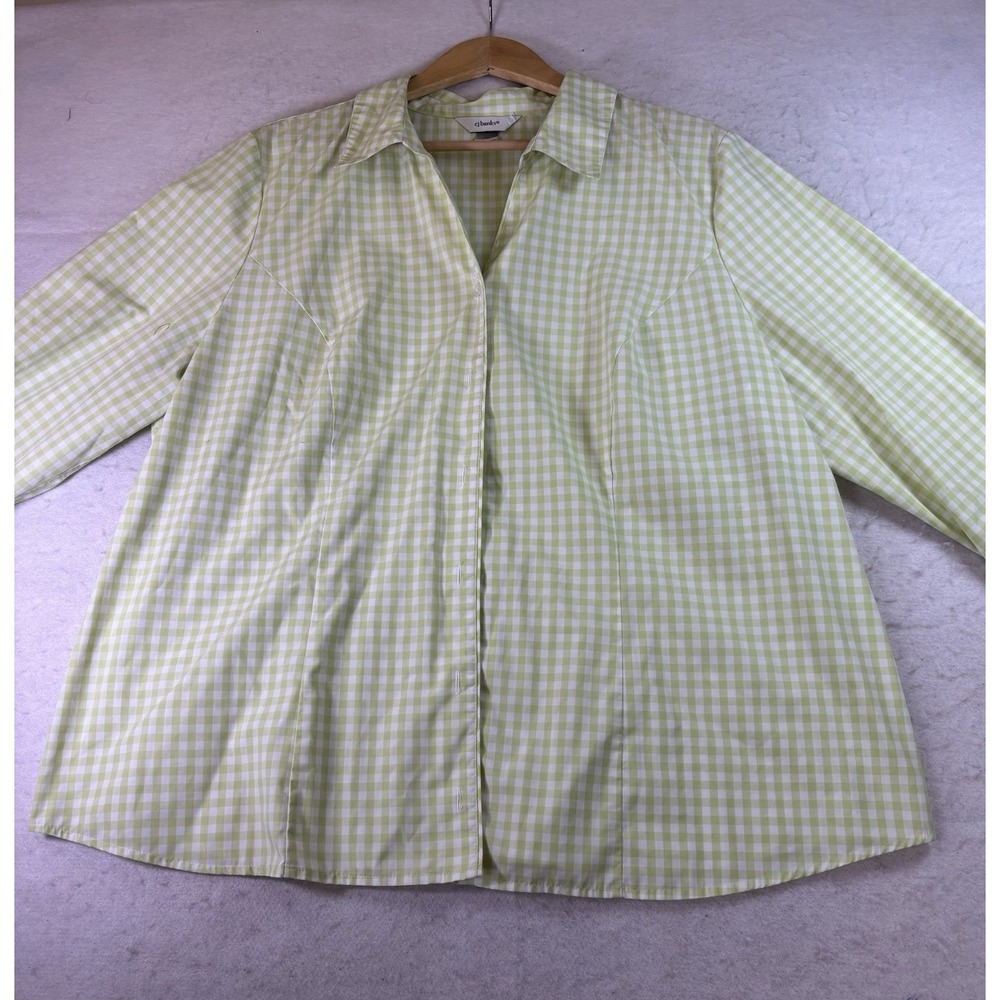 CJ Banks Green Check Button Down Blouse Womens Size 2X 3/4 Sleeve Preppy